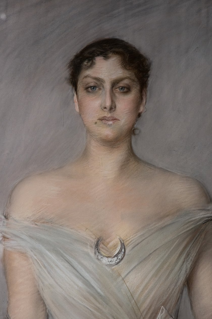 Fehér ruhás hölgy portréja, kesztyűvel és legyezővel, részlet alkotó: Giovanni Boldini