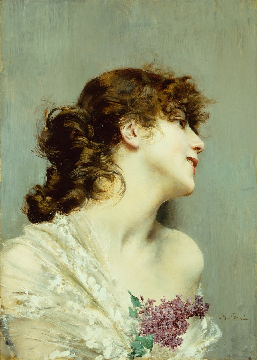 Egy fiatal nő profilja (olaj a panelen) alkotó: Giovanni Boldini