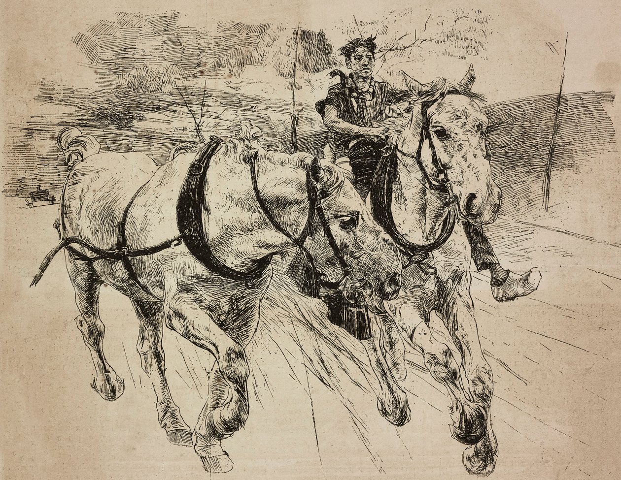 Megerősített hintólovak, metszet Giovanni Boldini eredeti rajzából, festményéről, L