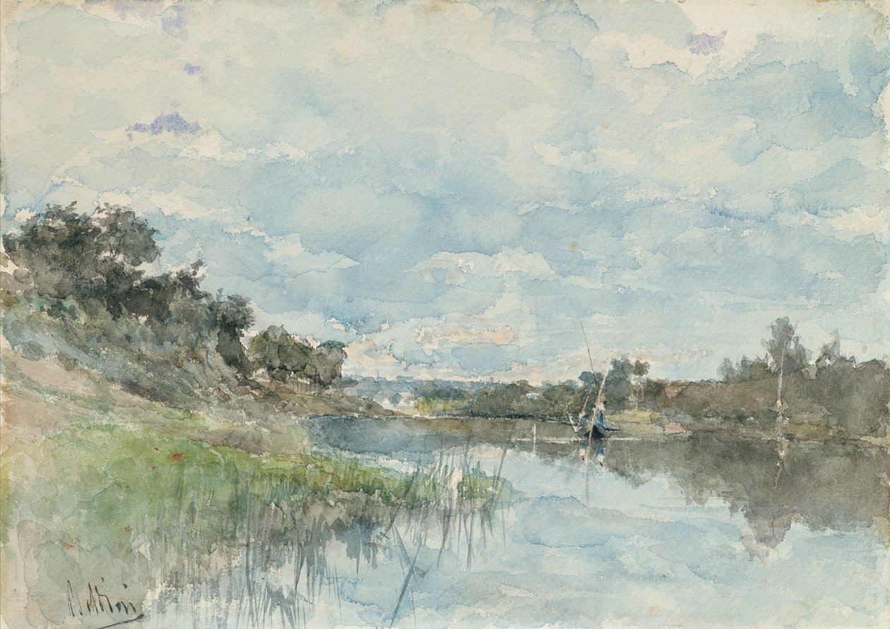 Folyói táj horgászcsónakkal (akvarell) alkotó: Giovanni Boldini