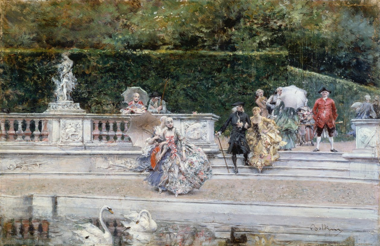 Kilátás a versailles-i kertre tizennyolcadik századi ruhába öltözött emberekkel, Giovanni Boldini (1842-1931), olajtábla alkotó: Giovanni Boldini