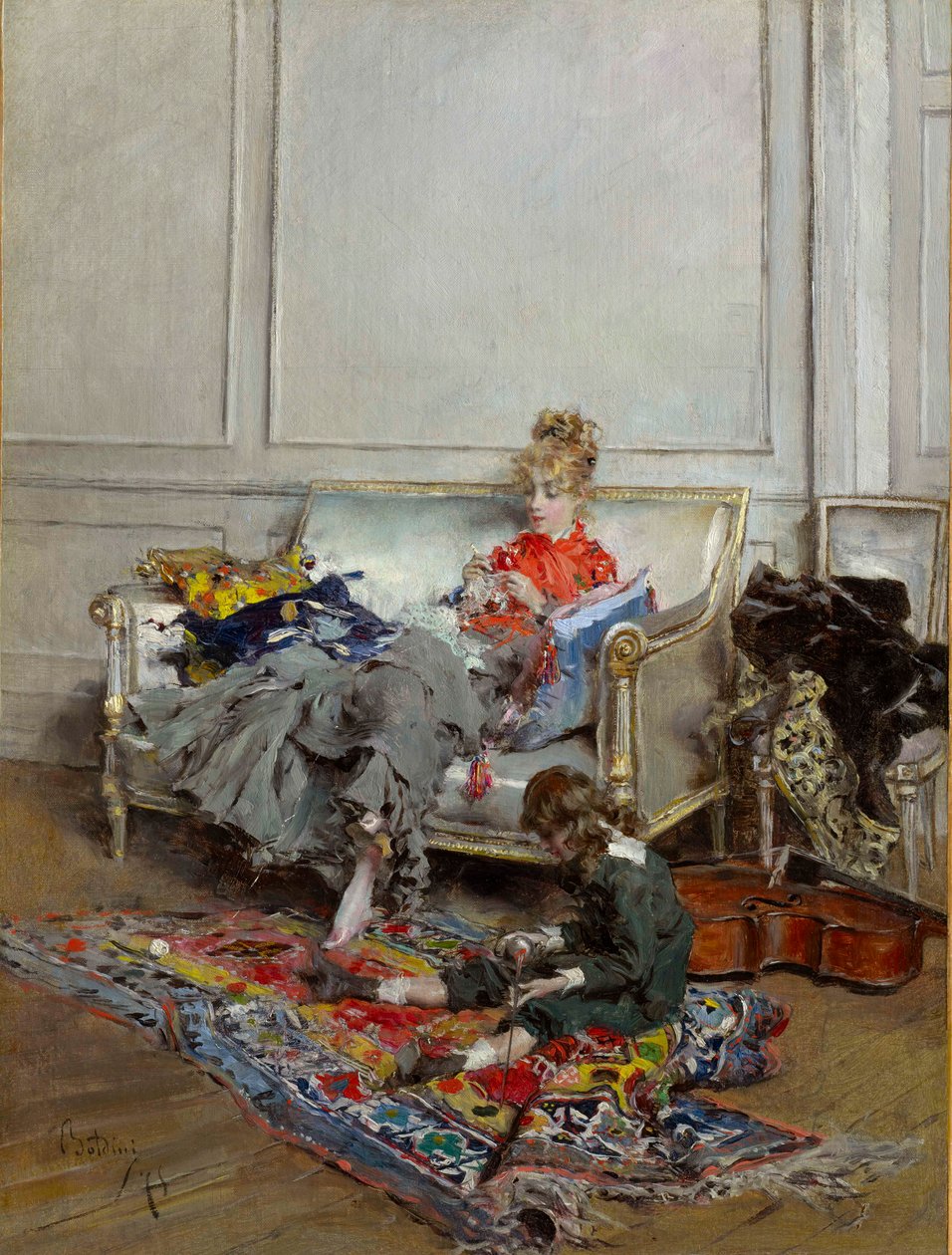 Horgoló fiatal nő alkotó: Giovanni Boldini