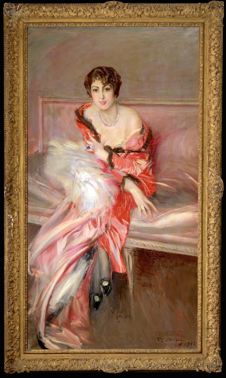 Yung nő rózsaszínben a festő műtermében ... (festmény vászonra) alkotó: Giovanni Boldini