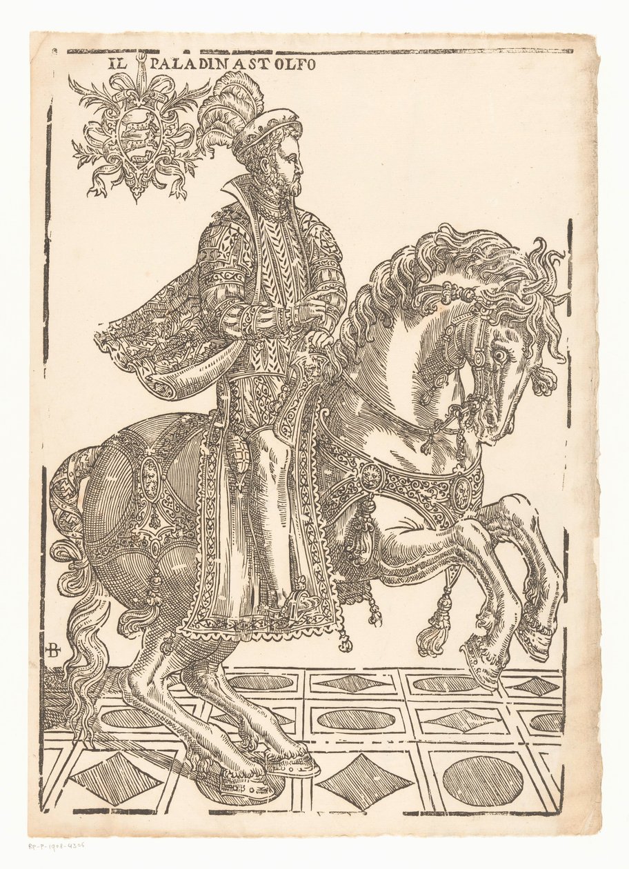 Astolfo lóháton Il Paladin Astolfo (cím a tárgyon) alkotó: Giovanni Britto