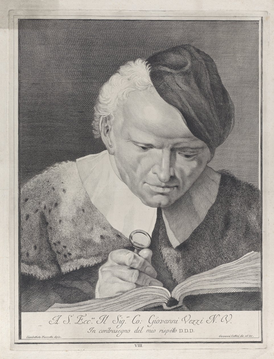 Kalapos ember, aki nagyítóval olvas egy könyvet, 1743. alkotó: Giovanni Cattini