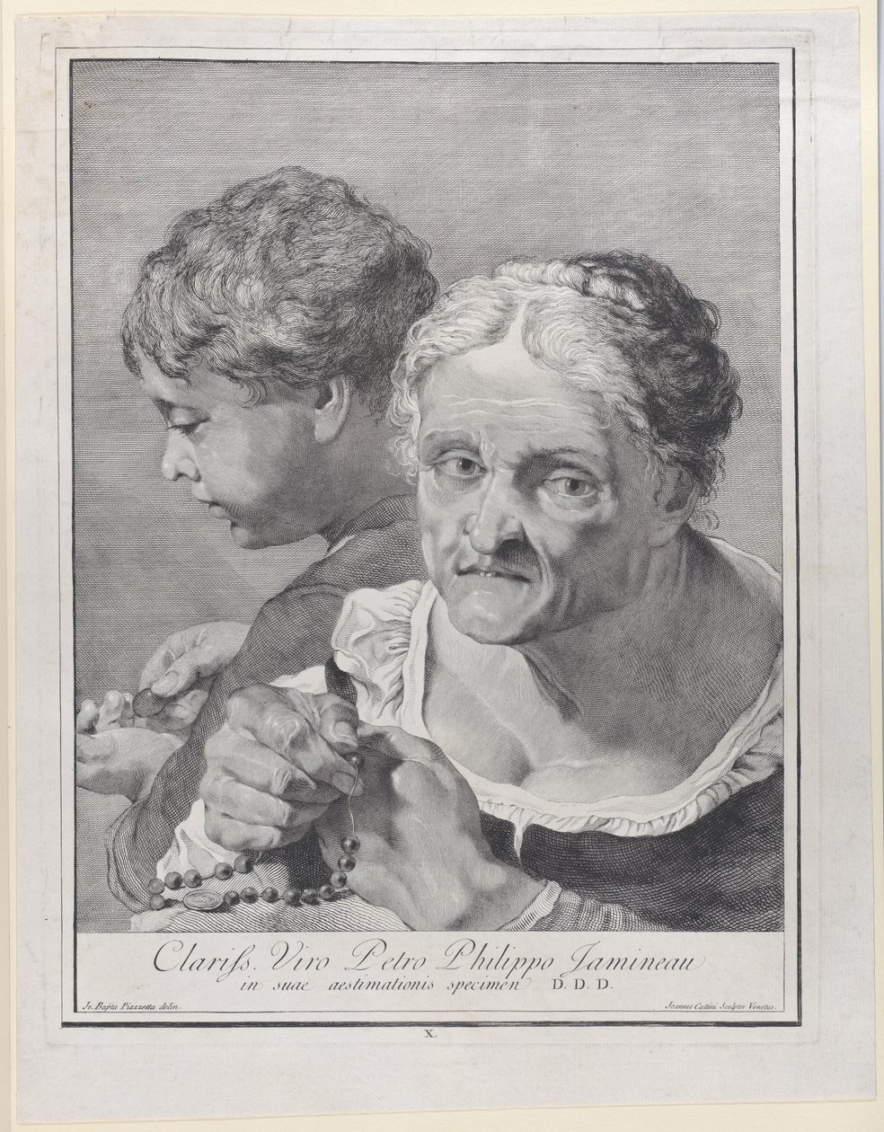 Öregasszony rózsafüzérrel és egy érmét számláló fiú, 1743. alkotó: Giovanni Cattini