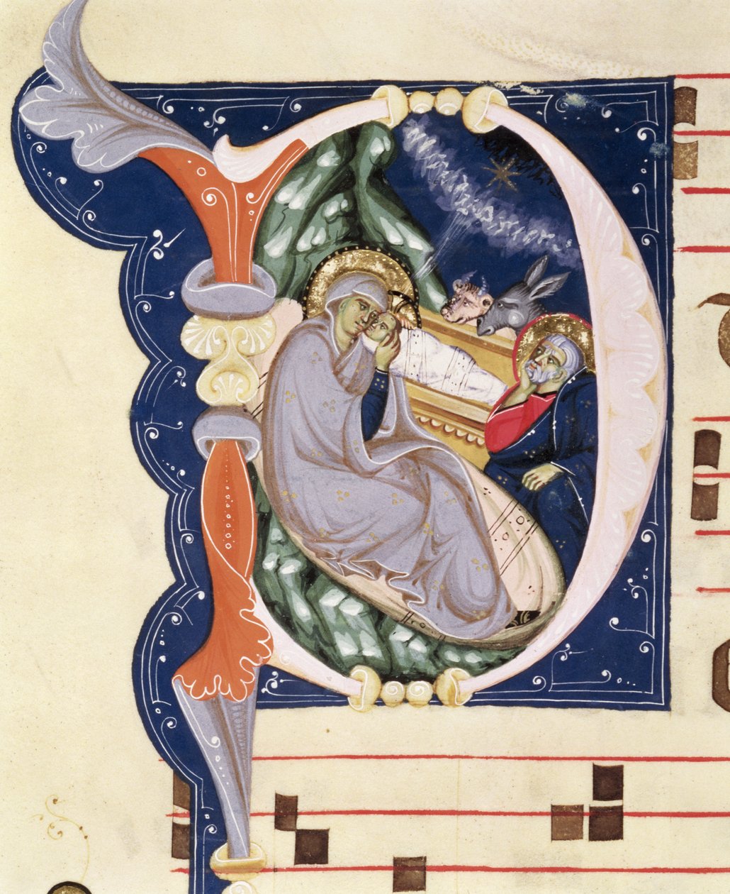 Ms 561 f.31v Történeti kezdetű „D”, amely a születést ábrázolja, a San Jacopo di Ripoli kolostor egy 14. század eleji fokozatából alkotó: Giovanni Cimabue