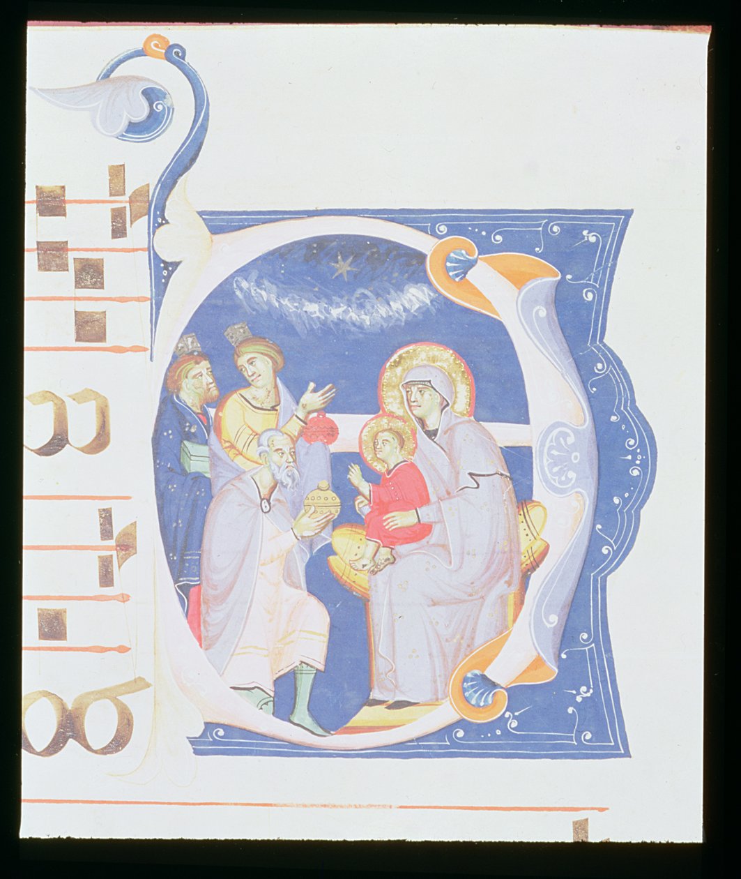 Ms 561 f.37r Történelmi kezdetű „O”, amely a mágusok imádását ábrázolja, a San Jacopo di Ripoli kolostor egy 14. század eleji fokozatából alkotó: Giovanni Cimabue
