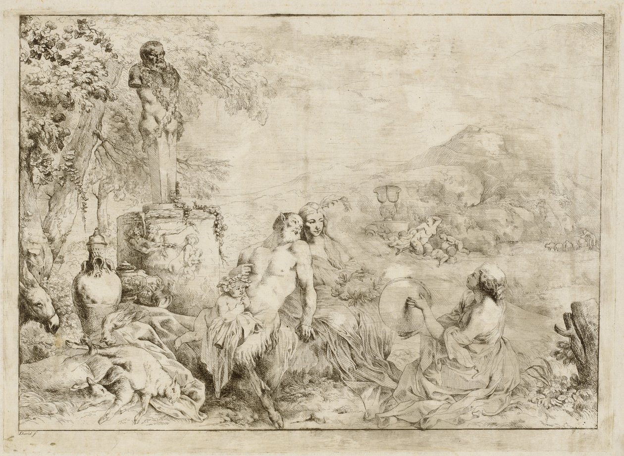 Táj szatír családdal és klasszikus szobrászattal alkotó: Giovanni David after Giovanni Benedetto Castiglione