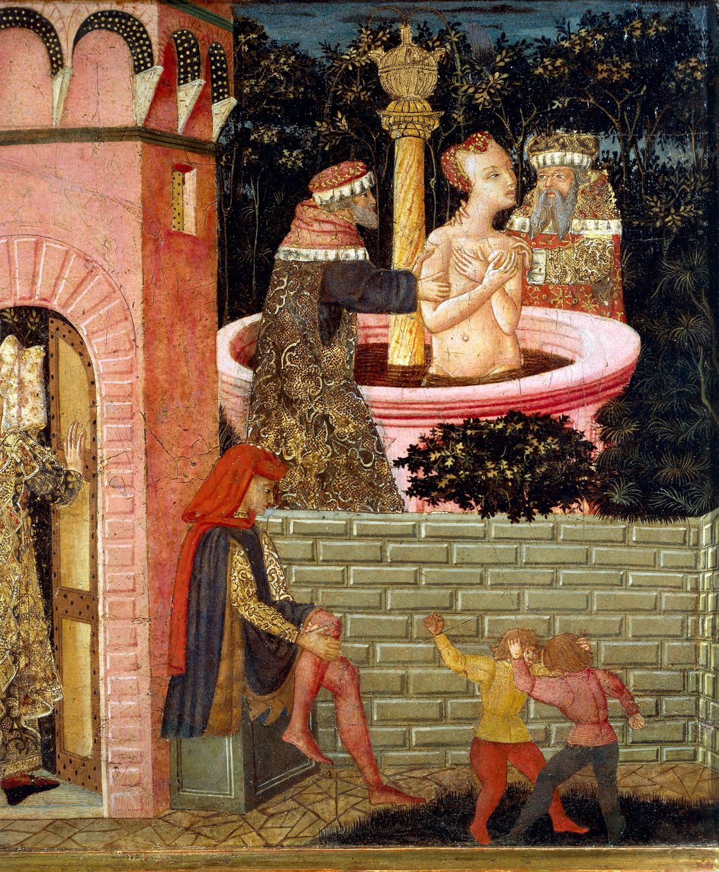 Susanne történetei, 1450 körül, a festett láda előlapja, Giovanni di Ser Giovanni, Lo Scheggia (1406-1486) néven ismert, tempera fán Részlet alkotó: Giovanni Di Ser Giovanni Lo Scheggia Guidi