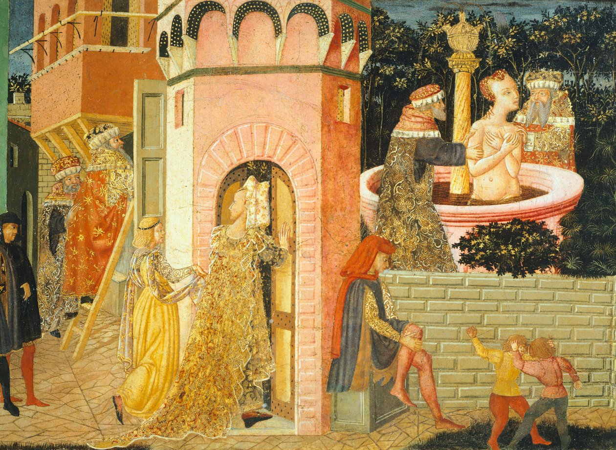 Susanne történetei, 1450 körül, Giovanni di Ser Giovanni, más néven Lo Scheggia (1406-1486) festett ládájának jobb oldala, tempera, tábla, részlet alkotó: Giovanni Di Ser Giovanni Lo Scheggia Guidi