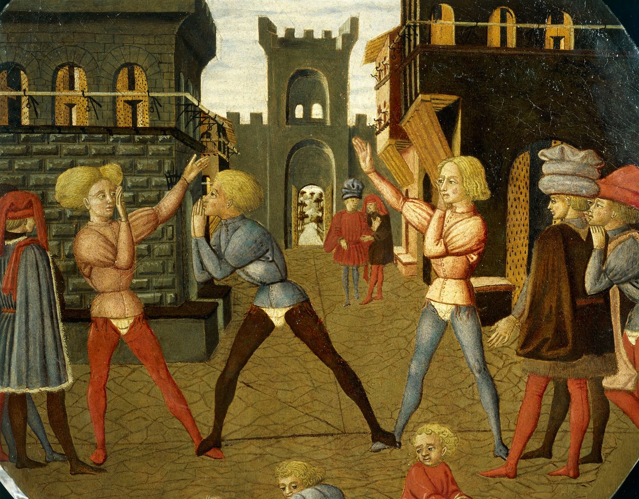 civettino nevű játék, részlet a születési tálca előlapjáról (kerek festmény), 1450 körül, Giovanni di Ser Giovanni, Lo Scheggia (1406-1486) néven ismert, tempera fán alkotó: Giovanni Di Ser Giovanni Lo Scheggia Guidi