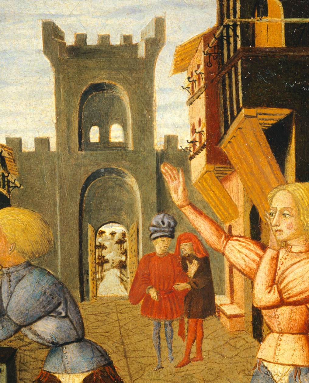 civettino nevű játék, a születési tálca jobb oldalának részlete (kerek festmény), 1450 körül, Giovanni di Ser Giovanni, Lo Scheggia (1406-1486) néven, tempera a panelen alkotó: Giovanni Di Ser Giovanni Lo Scheggia Guidi