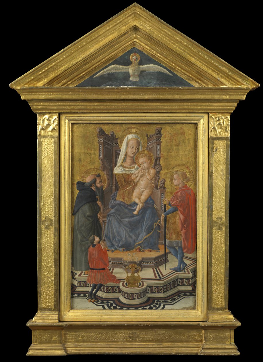 Szűz és gyermek trónolt, Szent Anthony Abbot és Julianussal és egy adományozóval (oromzat fent – Szentlélek), 1430 körül (tempera a panelen) alkotó: Giovanni Di Ser Giovanni Lo Sheggia (attr. to) Guidi