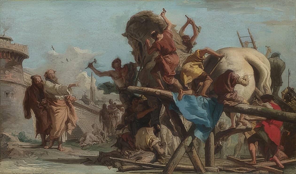 A trójai faló építése. 1760 körül alkotó: Giovanni Domenico Tiepolo