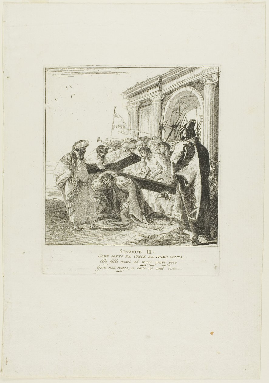 Krisztus először esik a kereszt alá, harmadik lemez a Keresztút stációiból alkotó: Giovanni Domenico Tiepolo