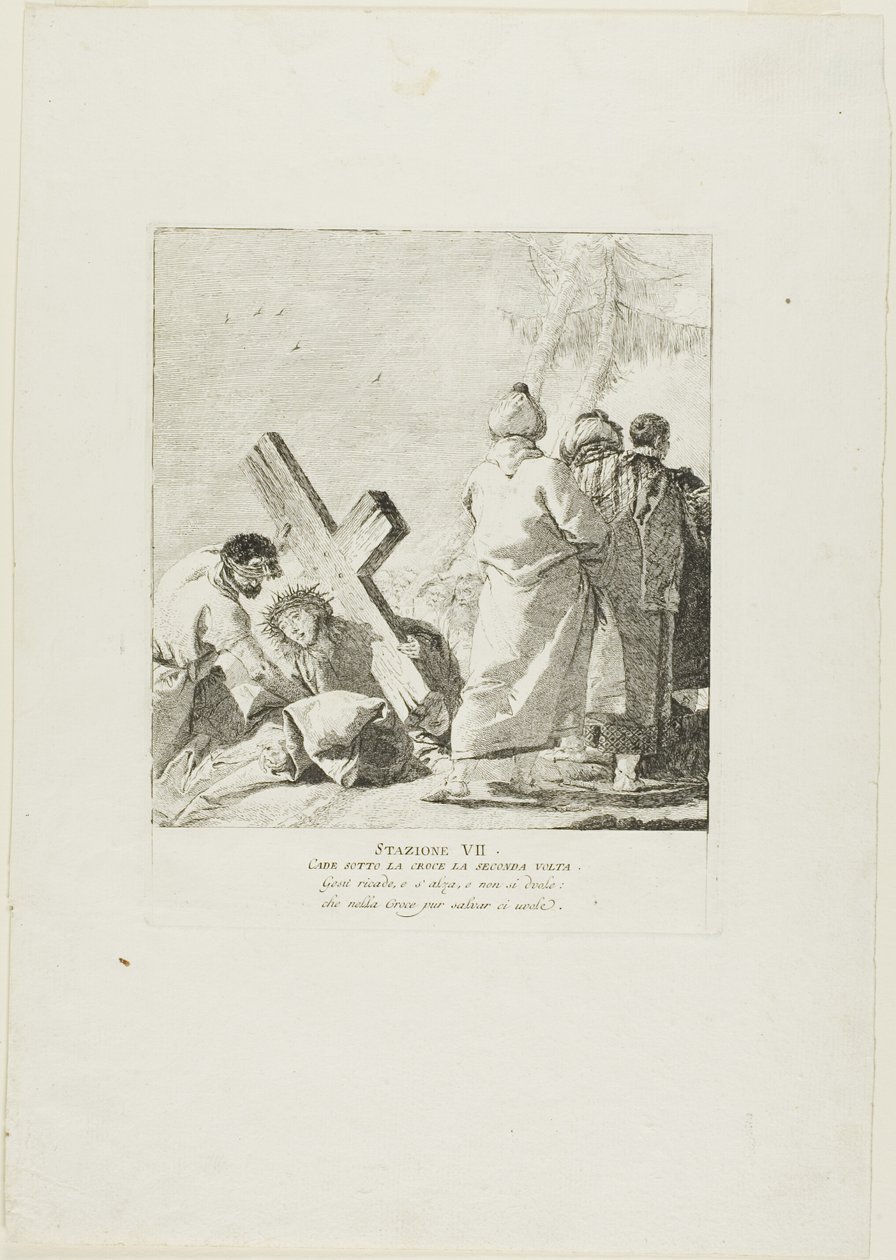 Krisztus másodszor esik a kereszt alá, hetedik lemez a Keresztút stációiból alkotó: Giovanni Domenico Tiepolo