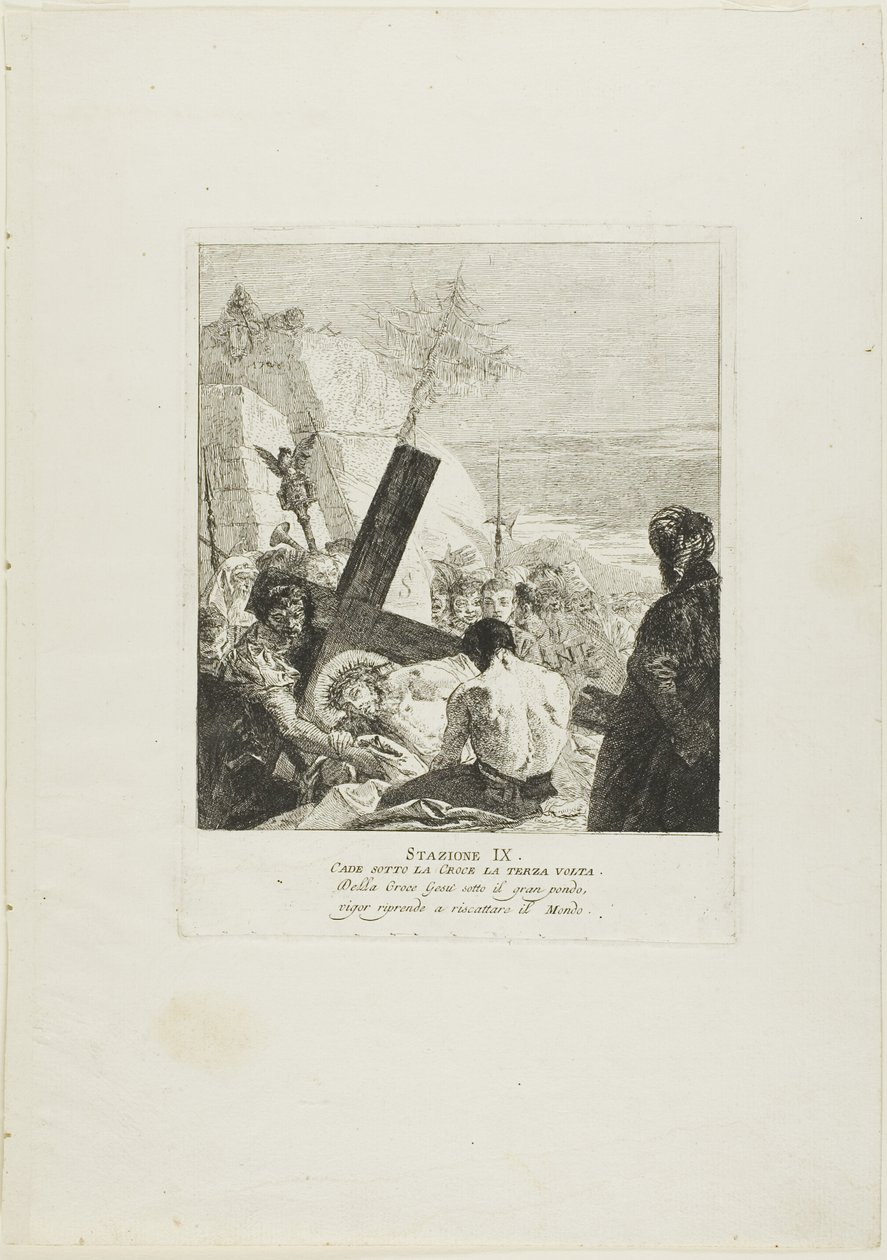 Krisztus harmadszor is alámerül a kereszt alá, kilencedik tábla a Keresztút stációiból. alkotó: Giovanni Domenico Tiepolo