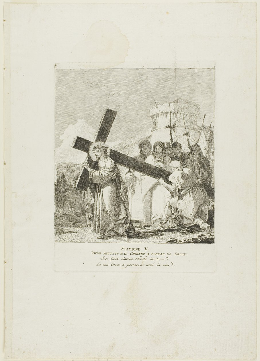 Krisztusnak segít Cirenei Simon, ötödik lemez a Keresztút stációiból alkotó: Giovanni Domenico Tiepolo