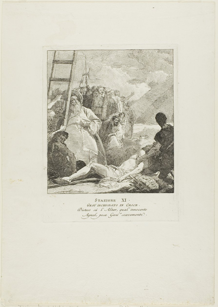 Krisztus a keresztre van szögezve, tizenegyedik lemez a Keresztút stációiból alkotó: Giovanni Domenico Tiepolo