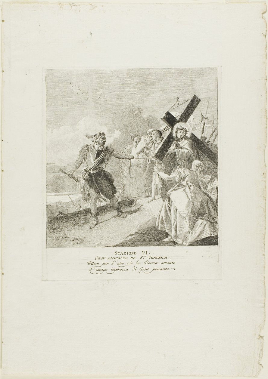 Krisztus arcát megtörli Szent Veronika, hatodik lemez a Keresztút stációiból alkotó: Giovanni Domenico Tiepolo