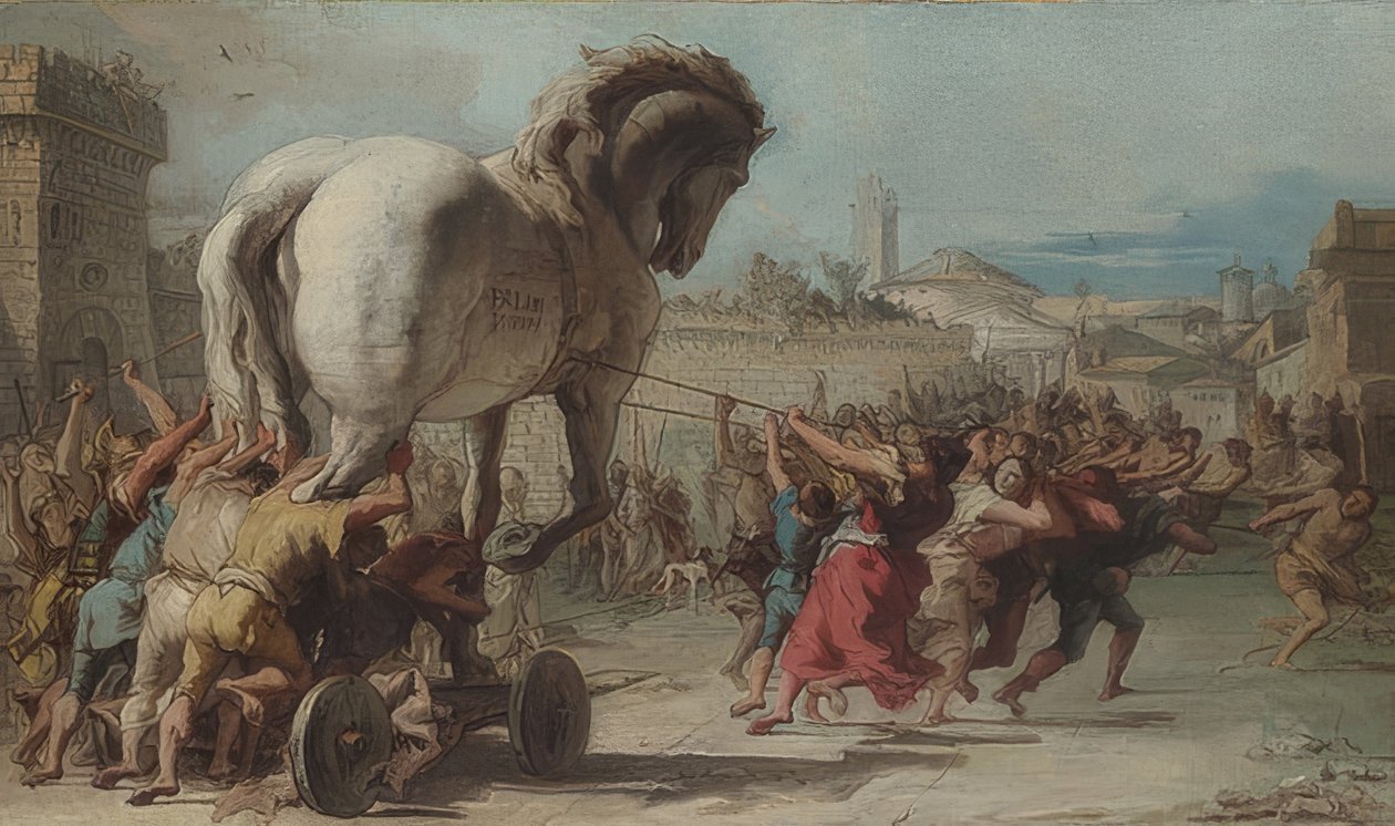 A trójai faló vonulása Trójába. 1760 körül alkotó: Giovanni Domenico Tiepolo