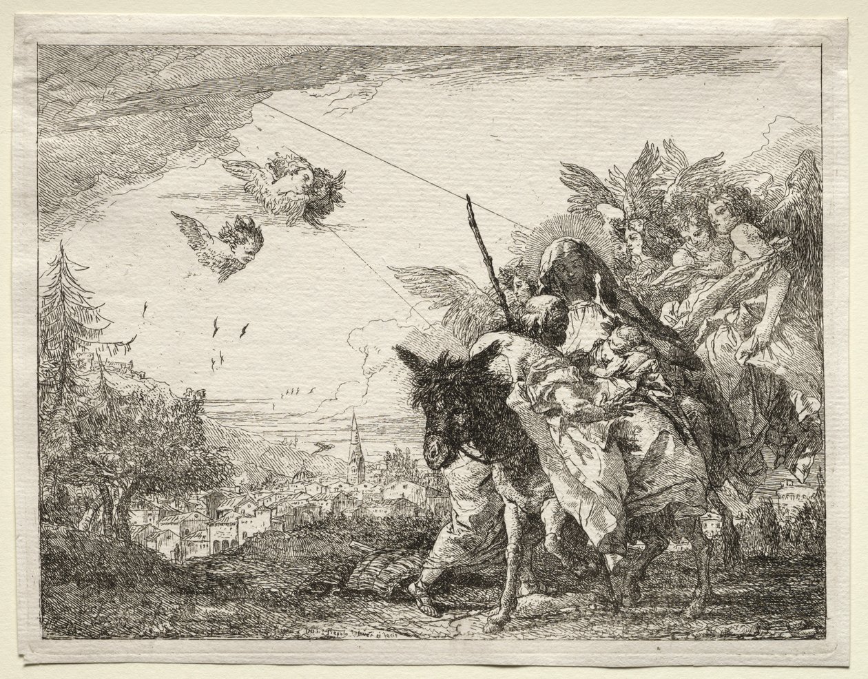 Repülés Egyiptomba: József megáll, hogy szemügyre vegye a csecsemő Krisztust alkotó: Giovanni Domenico Tiepolo
