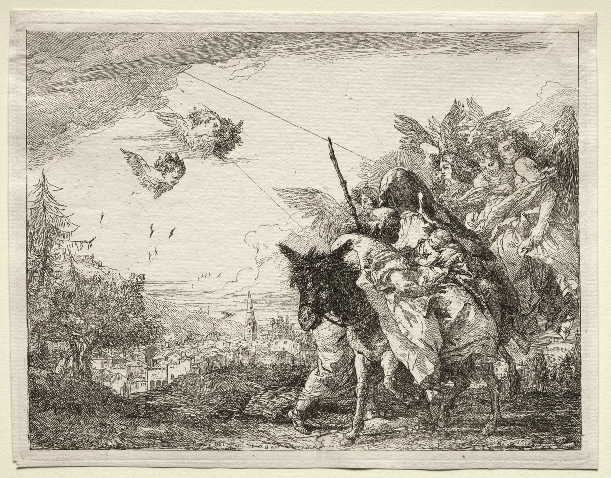 Repülés Egyiptomba: József megáll, hogy szemügyre vegye a csecsemő Krisztust. alkotó: Giovanni Domenico Tiepolo