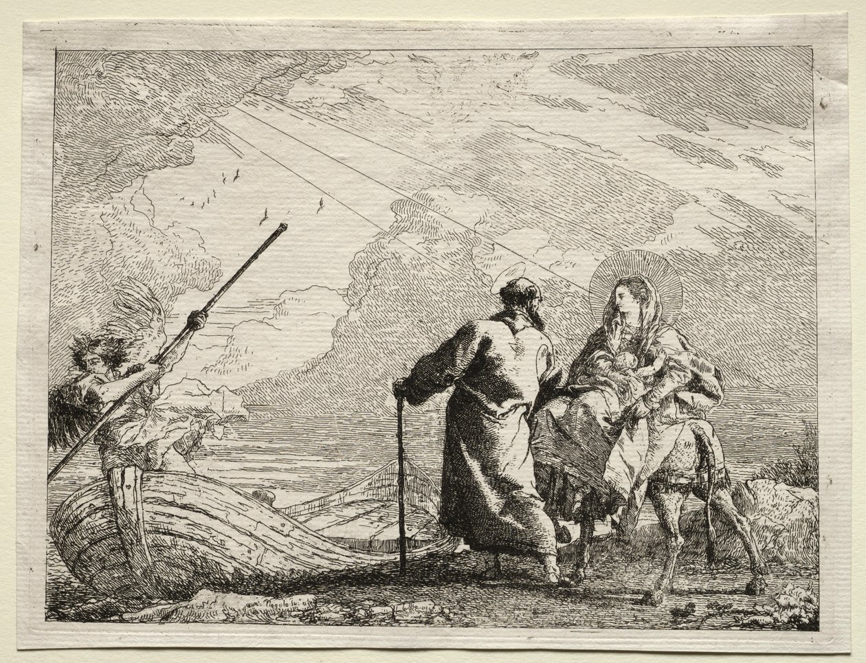 Repülés Egyiptomba: A Szent Család megérkezik a folyó partjára. alkotó: Giovanni Domenico Tiepolo