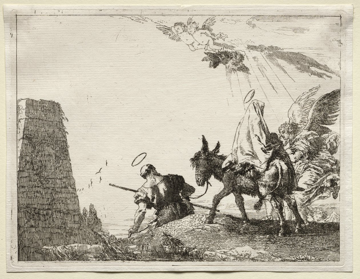Repülés Egyiptomba: A Szent Család egy piramis mellett halad el alkotó: Giovanni Domenico Tiepolo