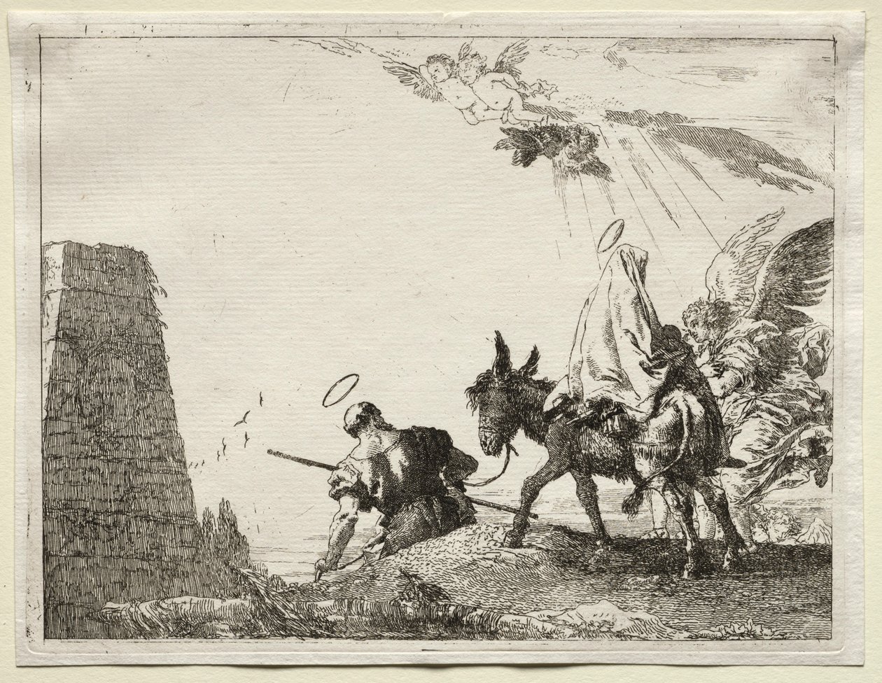 Repülés Egyiptomba: A Szent Család egy piramis mellett halad el. alkotó: Giovanni Domenico Tiepolo