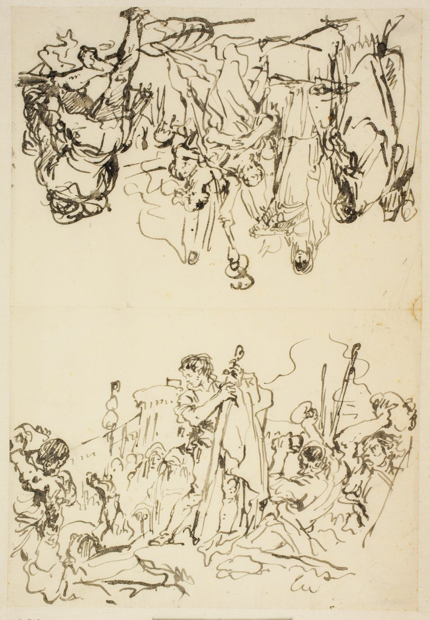 Hajtogatott lepedő "Szent István vértanúsága és Agrippina partraszállása Brindisiben Germanicus hamvaival" alkotó: Giovanni Domenico Tiepolo