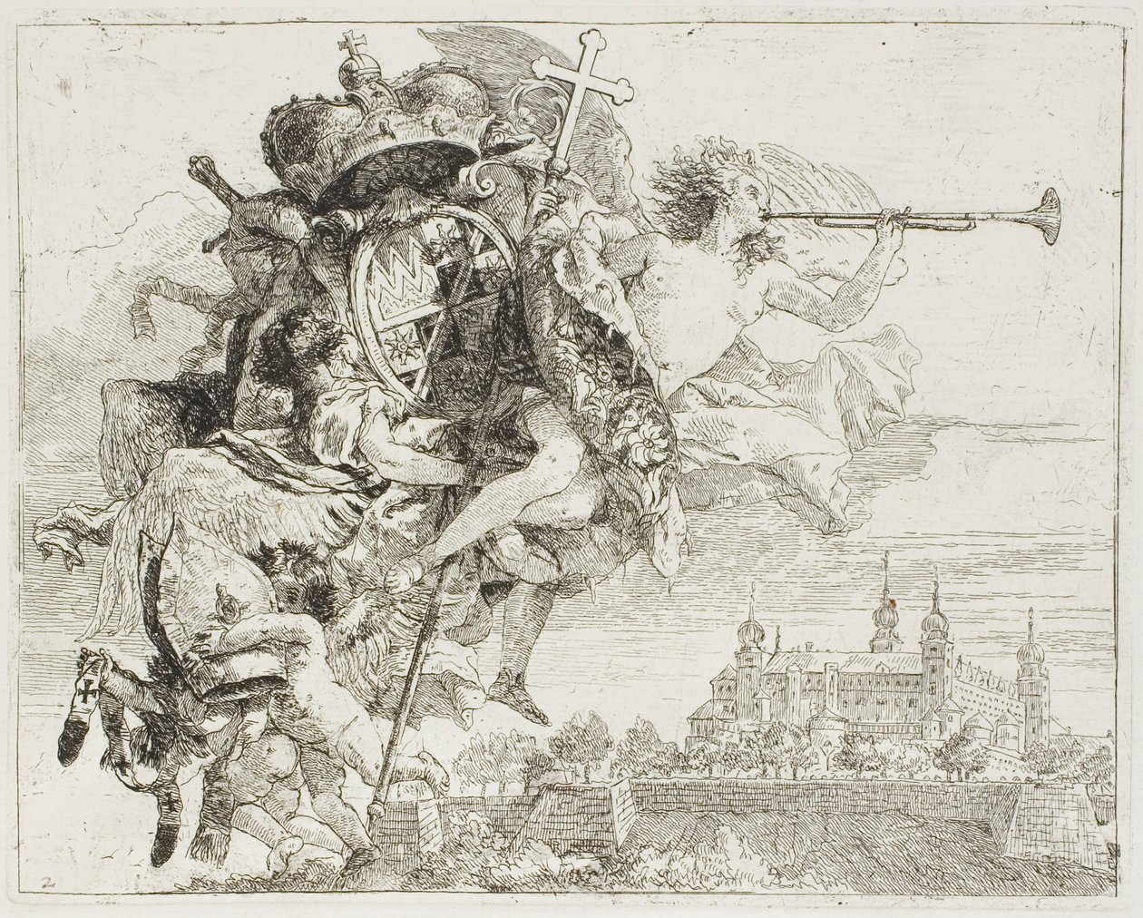 Elülső rész: Carl Philipp von Greiffenklau karjai egy angyal által a magasban, az Egyiptomba való repülésből alkotó: Giovanni Domenico Tiepolo