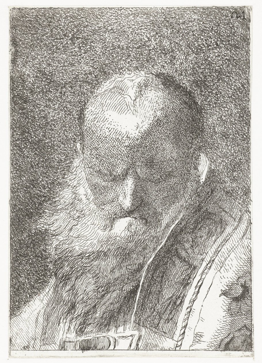 Cleric kopasz fejű, csuhéban Fejgyűjtemény (sorozat címe) Raccolta di Teste (sorozat címe) alkotó: Giovanni Domenico Tiepolo
