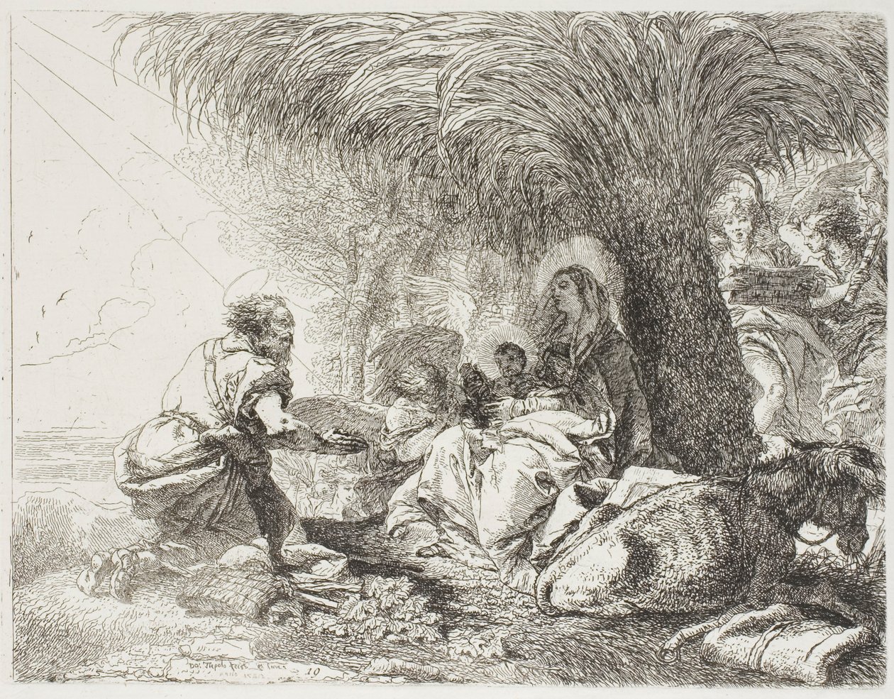József imádja a gyermeket, miközben két angyal énekel, tizenkilences lemez a Repülés Egyiptomba című filmből alkotó: Giovanni Domenico Tiepolo