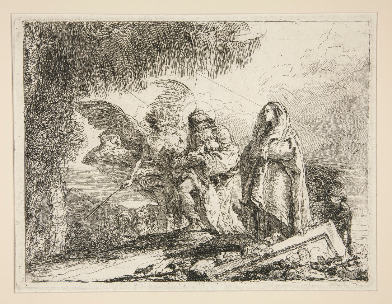 József Jézust a karjában hordja, az Idee pittoresche sopra la fuga in Egitto (Repülés Egyiptomba) sorozatból alkotó: Giovanni Domenico Tiepolo