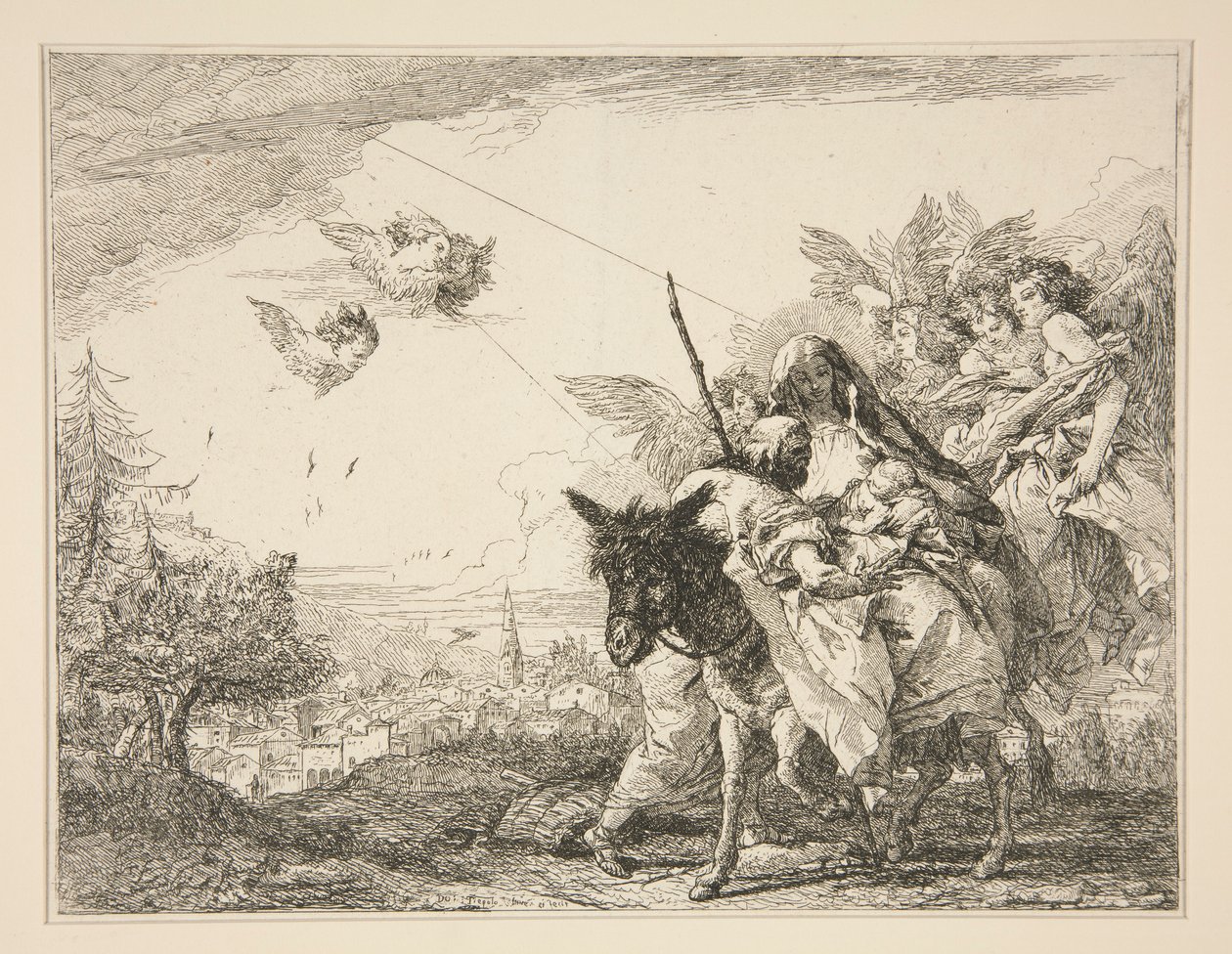 József a Kisded Jézusról elmélkedik, a Festői ötletek az Egyiptomba (Flight to Egypt) című sorozatból. alkotó: Giovanni Domenico Tiepolo