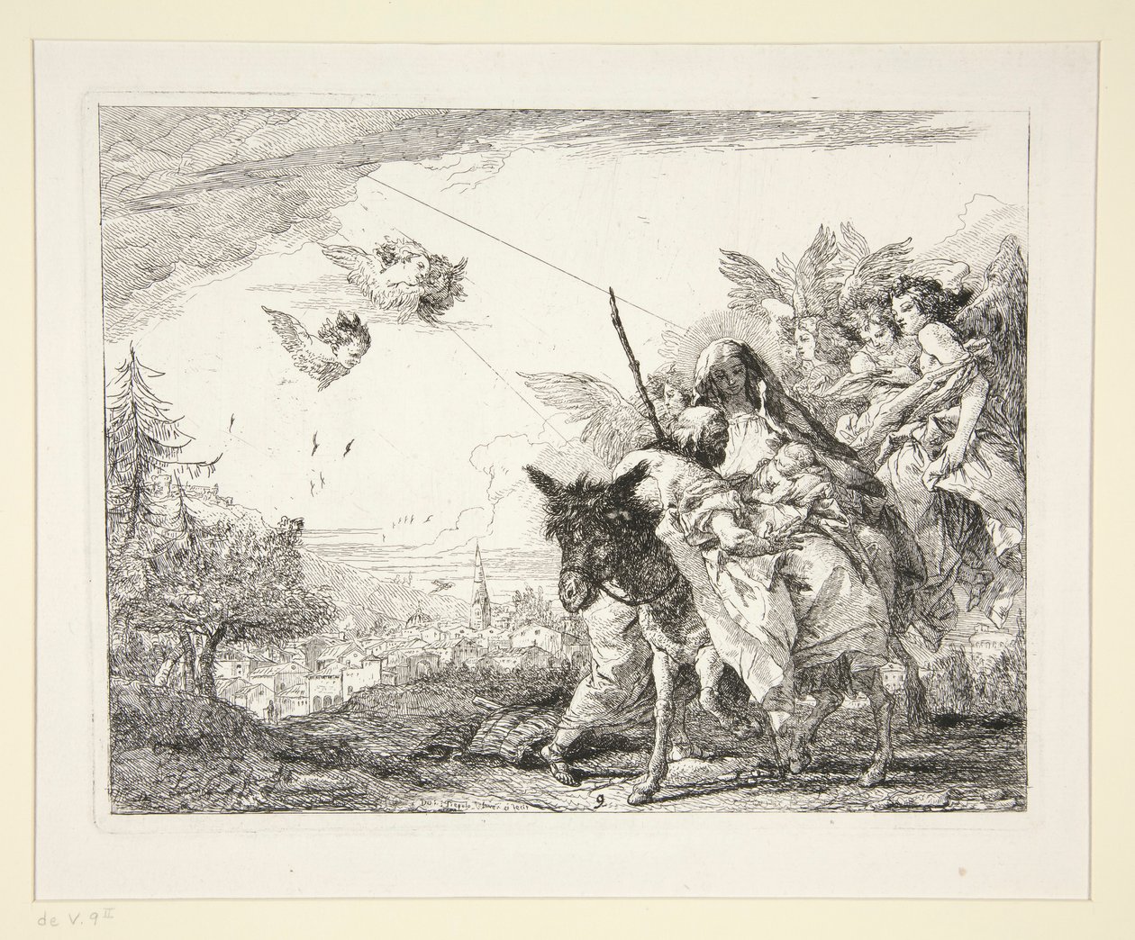 József a Kisded Jézusról elmélkedik, a Festői ötletek az Egyiptomba (Flight to Egypt) című sorozatból. alkotó: Giovanni Domenico Tiepolo
