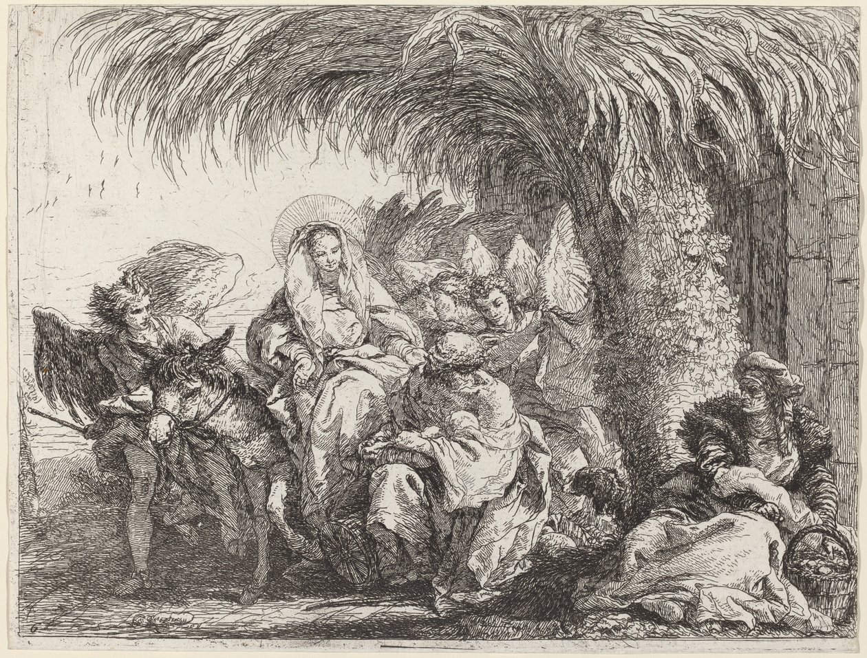 József letérdel a gyermekkel Mária a szamár előtt alkotó: Giovanni Domenico Tiepolo