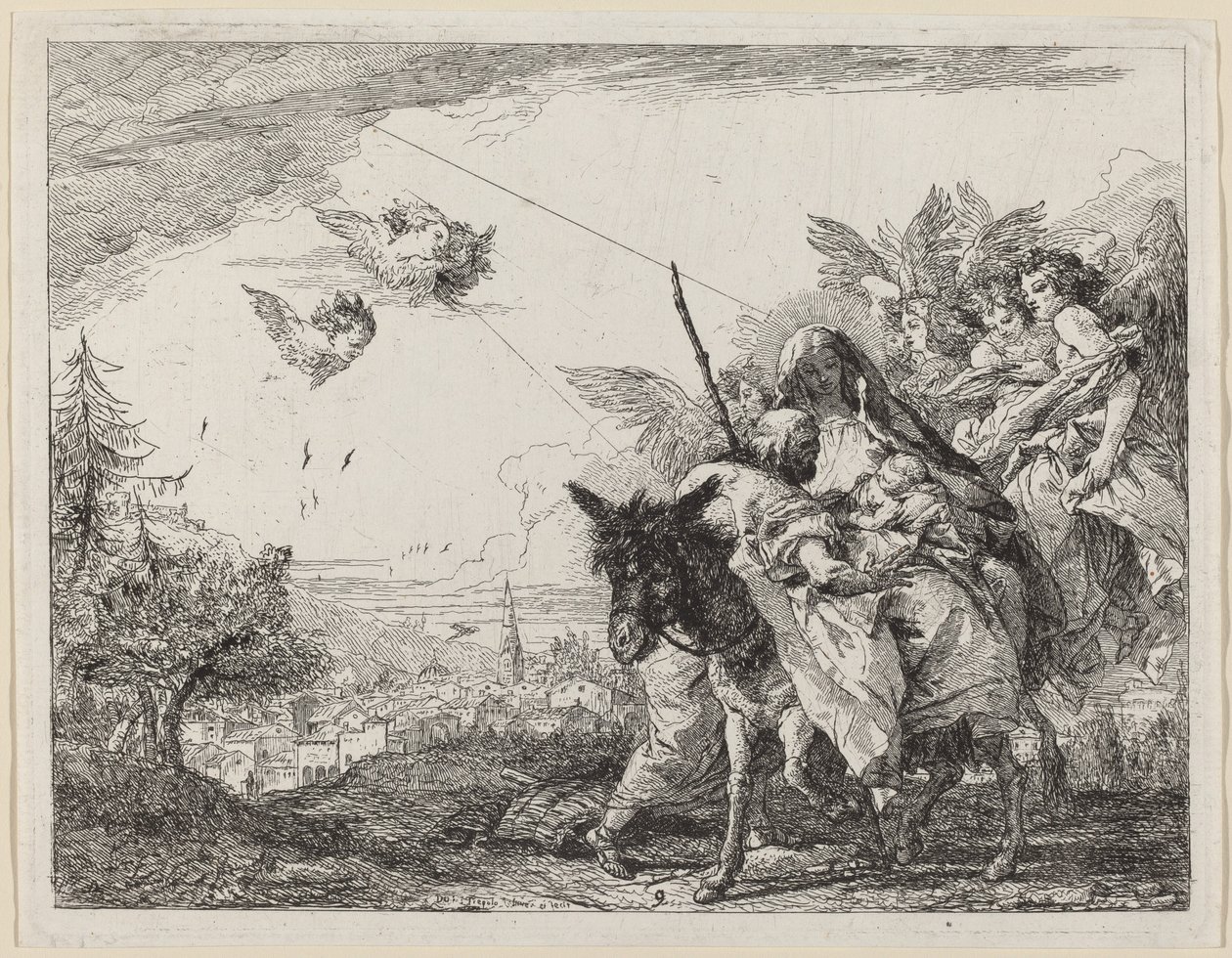 József, állva, imádja a gyermeket alkotó: Giovanni Domenico Tiepolo