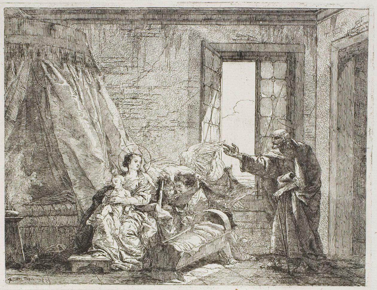 József elmeséli Máriának a közelgő elutazásukat, A menekülés Egyiptomba című könyvének negyedik táblája alkotó: Giovanni Domenico Tiepolo