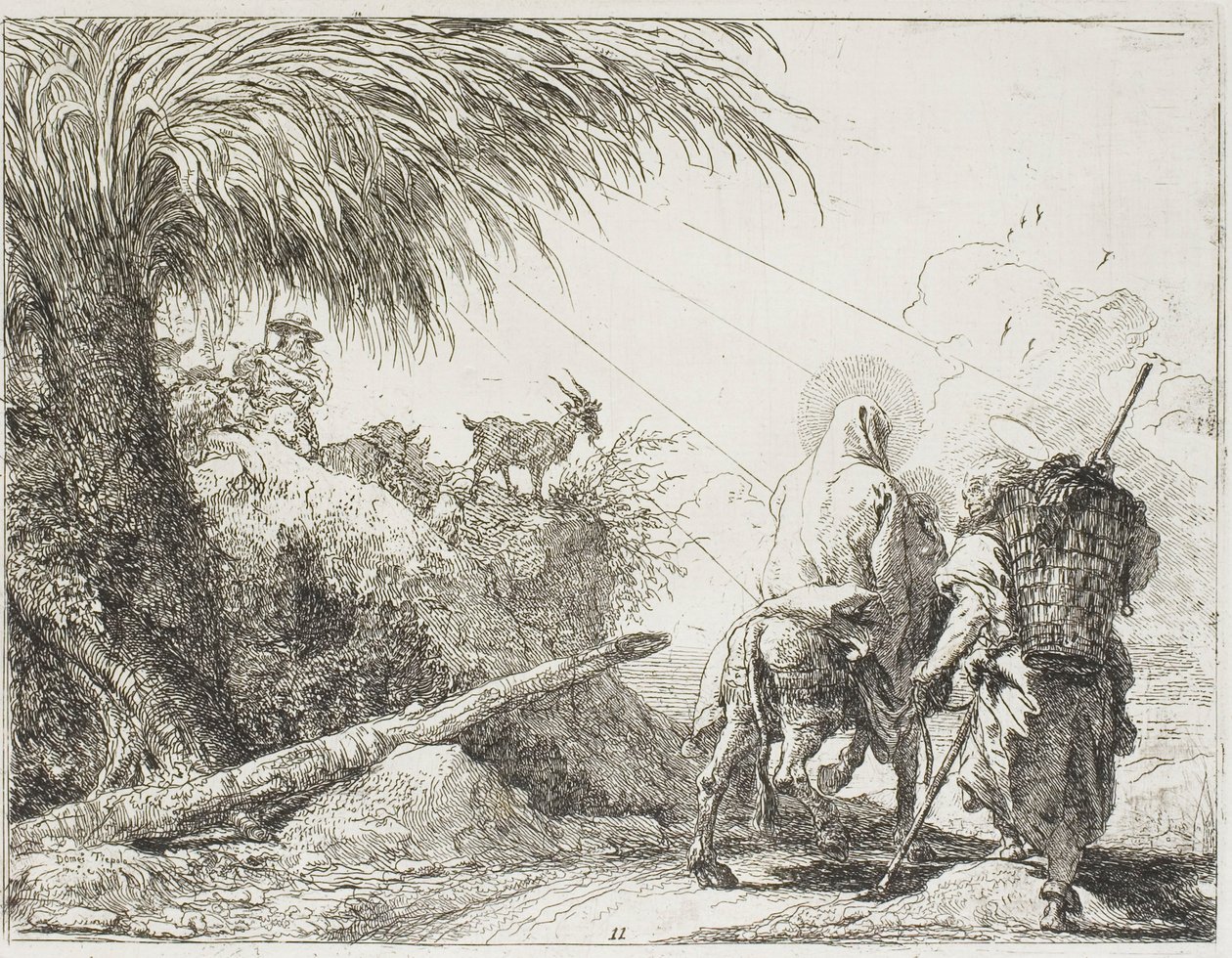 József és Mária elhaladva egy pásztor és nyája mellett, tizenegyedik lemez az Egyiptomba menekülésből alkotó: Giovanni Domenico Tiepolo