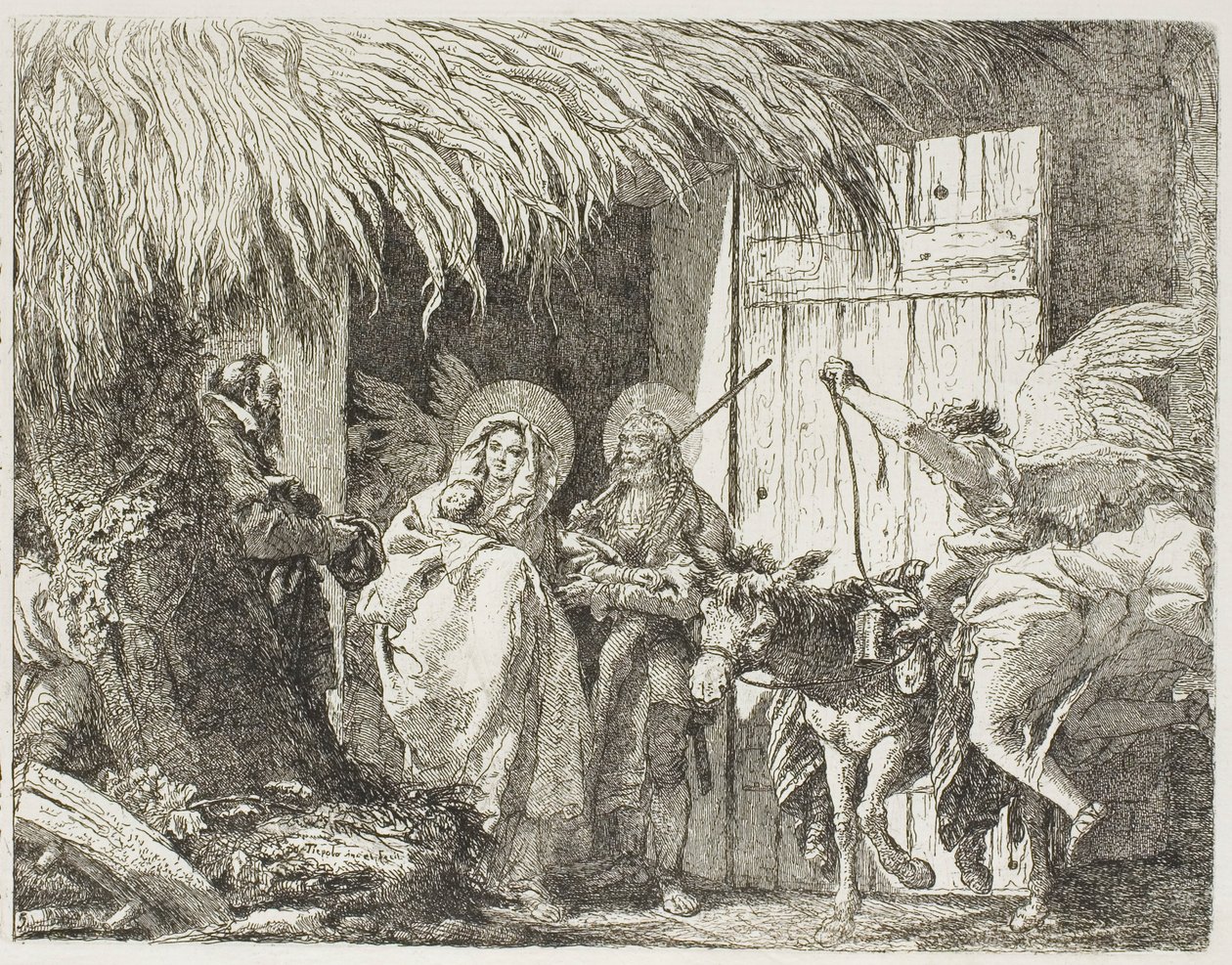 József és Mária menedéket keres, ötödik tábla A menekülés Egyiptomba című könyvéből alkotó: Giovanni Domenico Tiepolo