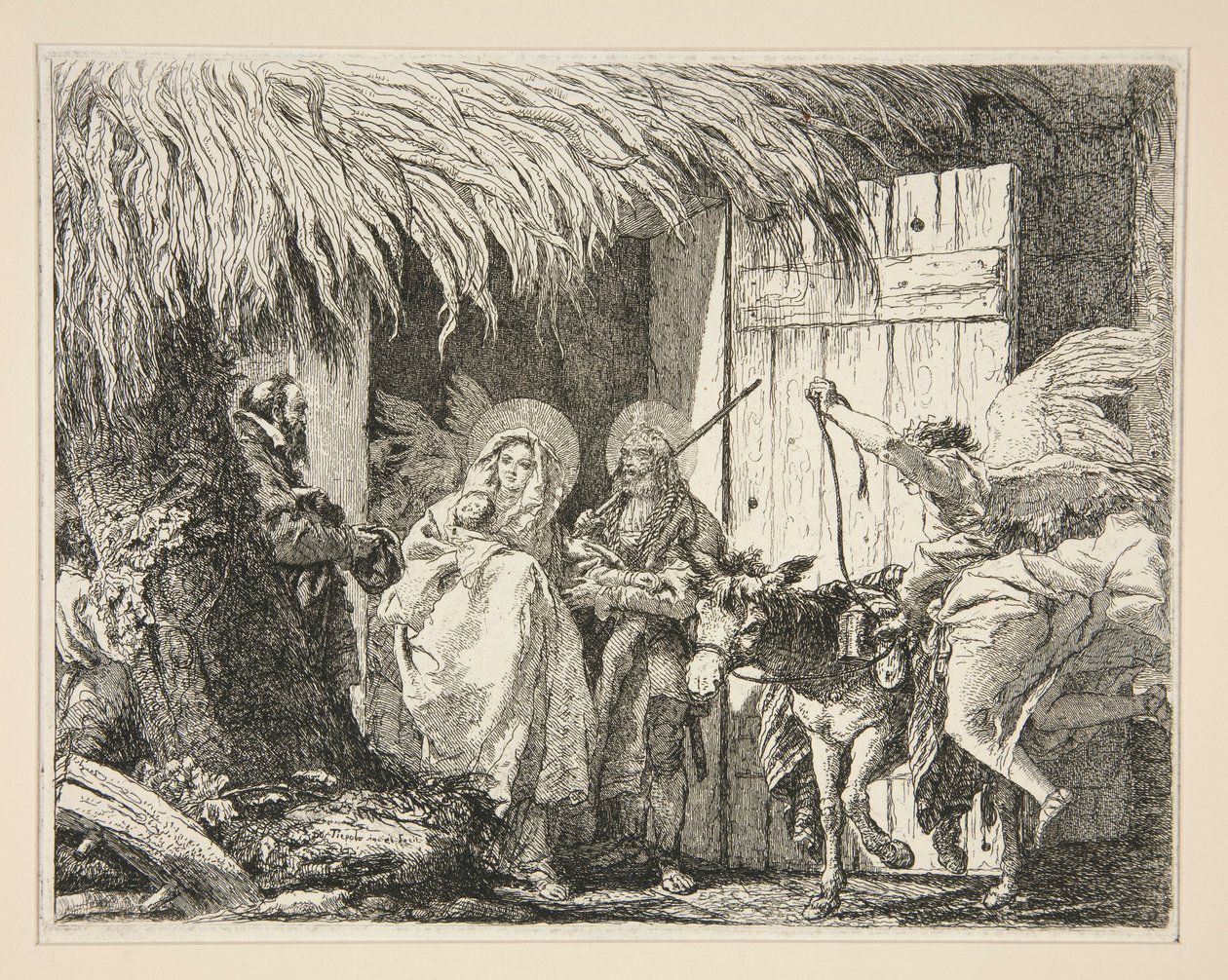 József és Mária egy ház előtt, az Idee pittoresche sopra la fuga in Egitto (Repülés Egyiptomba) sorozatból alkotó: Giovanni Domenico Tiepolo