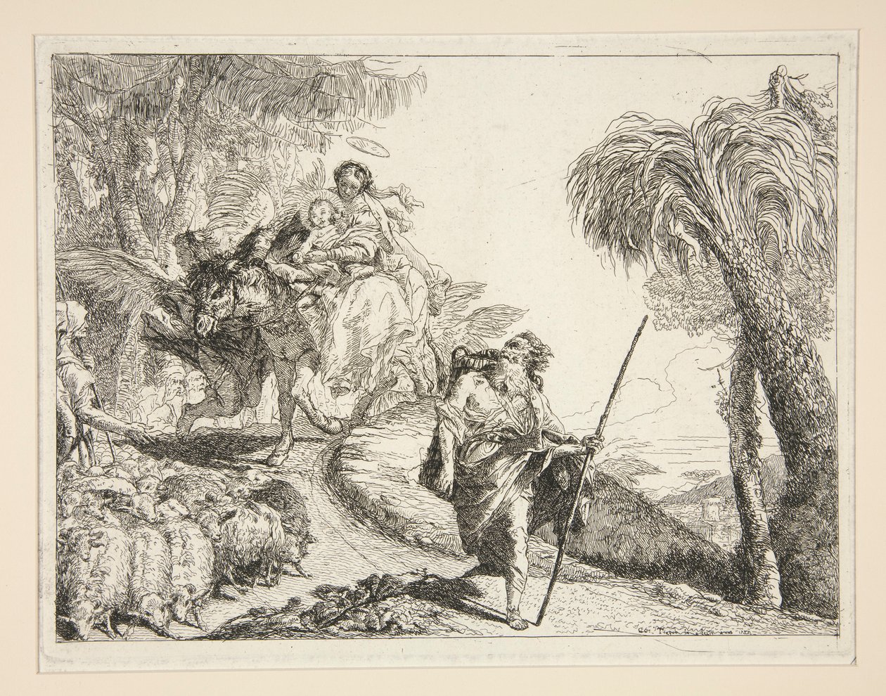 József a Szűzanyával és a gyermekkel, az Idee pittoresche sopra la fuga in Egitto (Repülés Egyiptomba) sorozatból alkotó: Giovanni Domenico Tiepolo