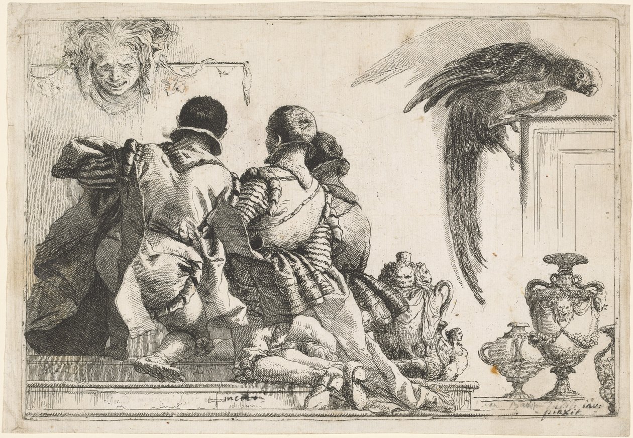 Térdelő oldalak, egy maszk és egy papagáj alkotó: Giovanni Domenico Tiepolo