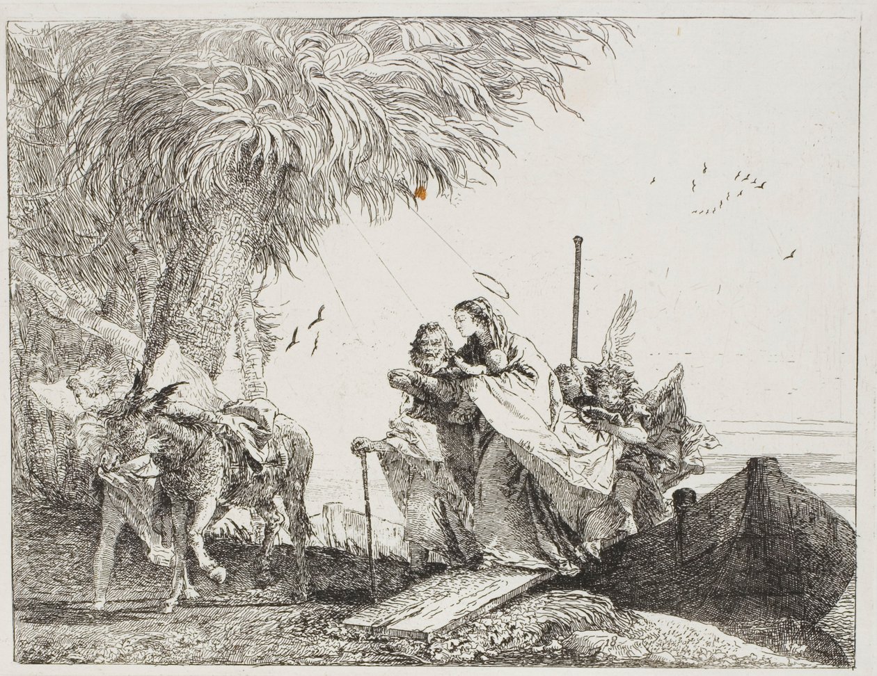 Mária, akit József és egy angyal segített, kilép a csónakból, tizennyolcas tányér az Egyiptomba menekülésből alkotó: Giovanni Domenico Tiepolo