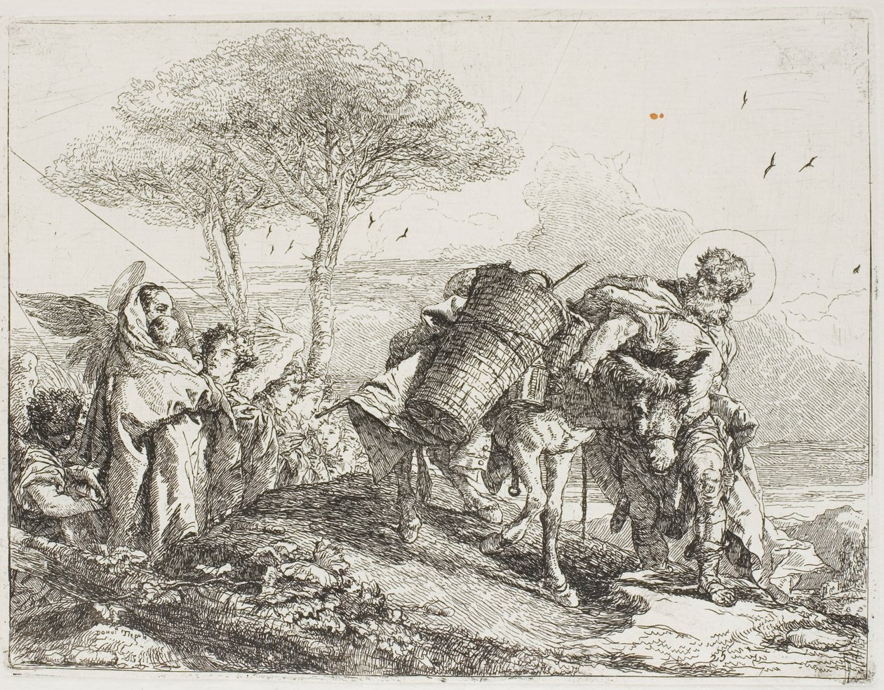 Mária, akit két angyal segít, követi Józsefet a szamárral, 25. tábla A menekülés Egyiptomba című könyvéből alkotó: Giovanni Domenico Tiepolo