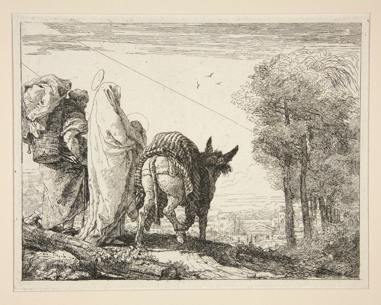 Mária karjában tartja a gyermekét, az Idee pittoresche sopra la fuga in Egitto (Repülés Egyiptomba) sorozatból alkotó: Giovanni Domenico Tiepolo