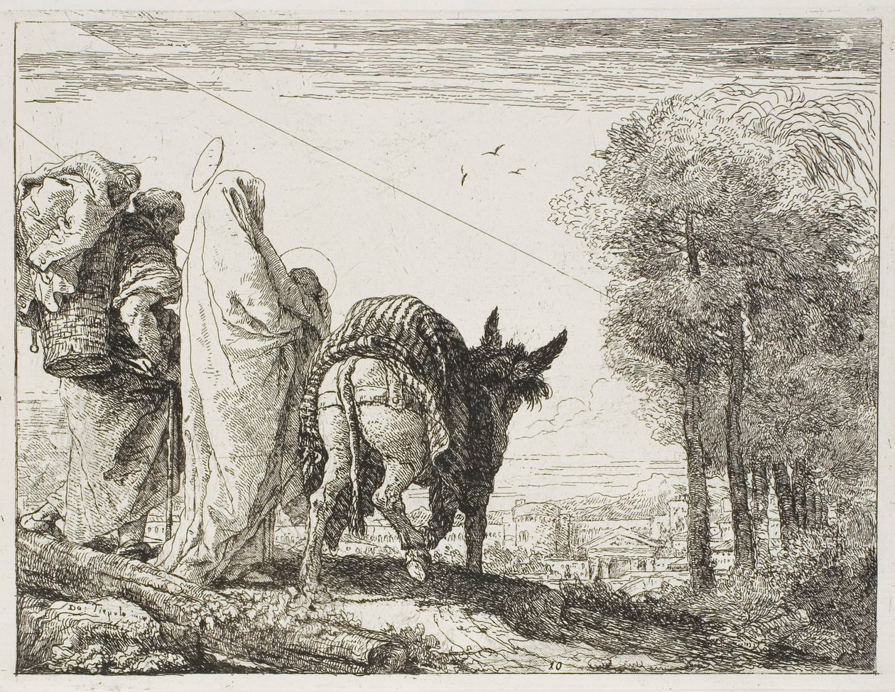 Mária a gyermeket a karjában tartja és József a kosárral, tízes tányér az Egyiptomba menekülésből alkotó: Giovanni Domenico Tiepolo